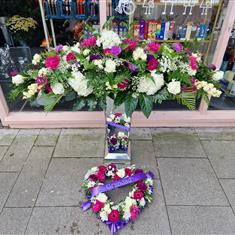 Mixed purple coffin spray